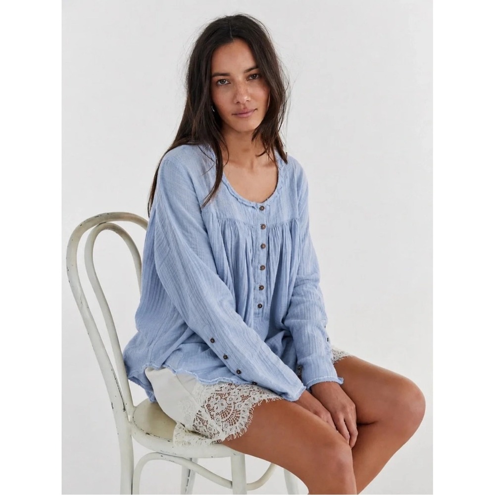 Free People We The Free Light Blue Jacquelyn Tunic Top S Boho Gauze Cottagecore